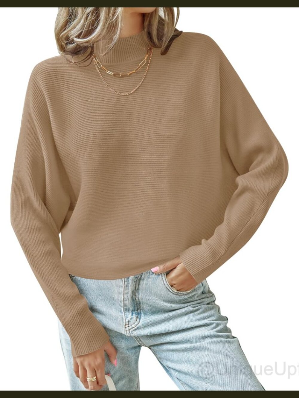 Turtleneck Batwing Long Sleeve Ribbed Knit Pullover Sweater